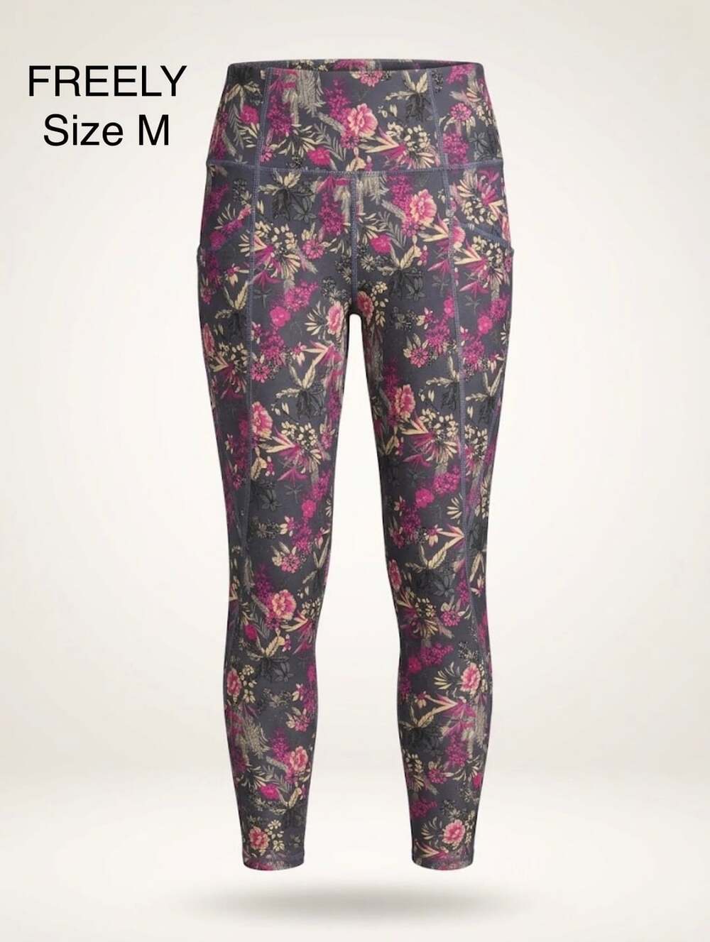 Freely Leggings Size M Gray Floral High Rise Pocket Workout Activewear
